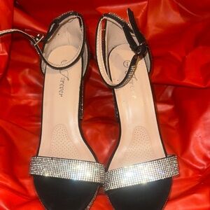Forever 21 Black Ankle-Strap Heels with Rhinestone Band